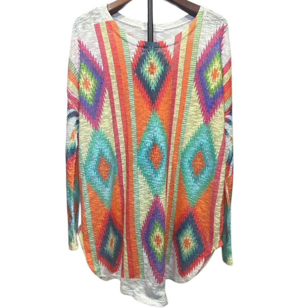 Luna Chic USA Womens Southwestern Geometric Knit Top Orange Multi Size L - Picture 1 of 7
